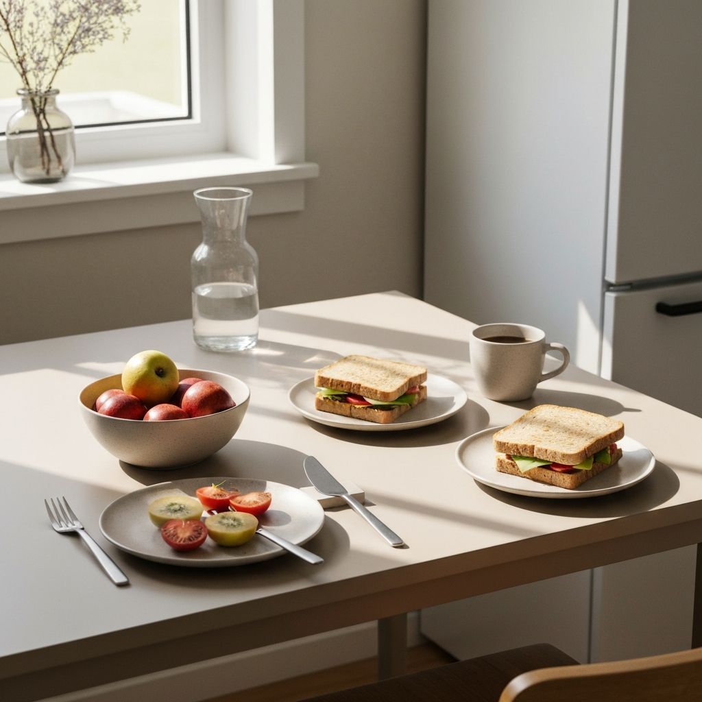 Neutralt köksbord med vardagliga måltider